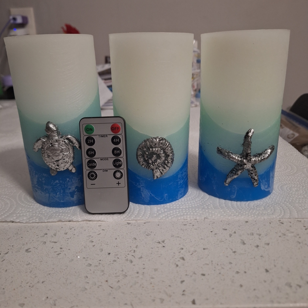 Ocean-Themed Real Wax LED Battery Operates Candles with Remote NWOT